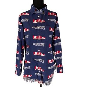 Tizzie Navy Blue Espadrille Shoe Print Fringe Hem Cotton Button Down Shirt
Sz M